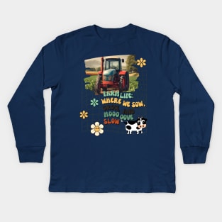 Country Life with Vintage Land Tractor Kids Long Sleeve T-Shirt